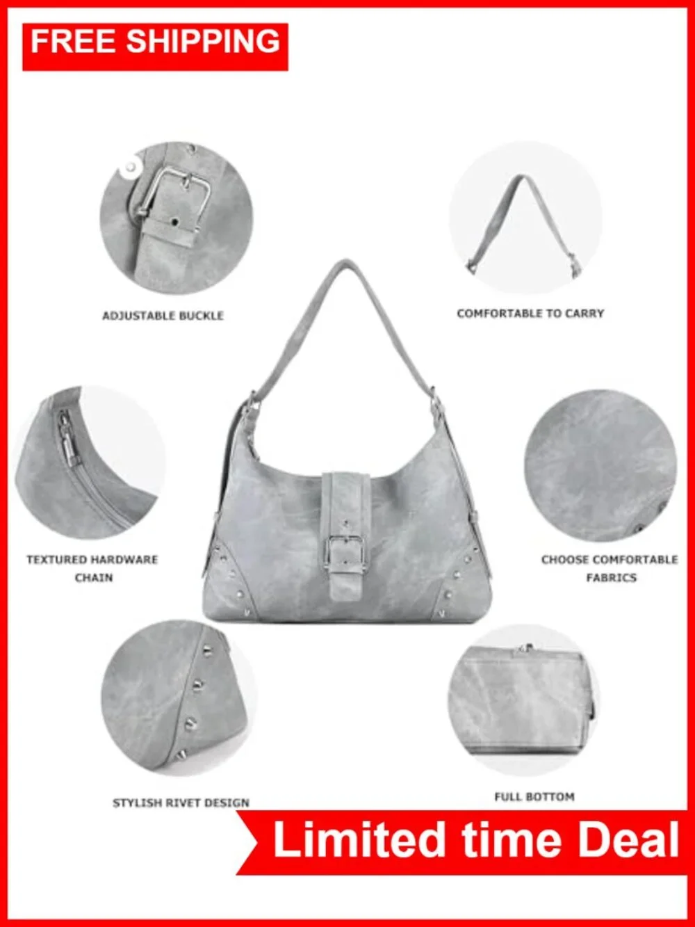 Vegan Leather Retro Rivet Hobo Shoulder Bag with Adjustable Strap